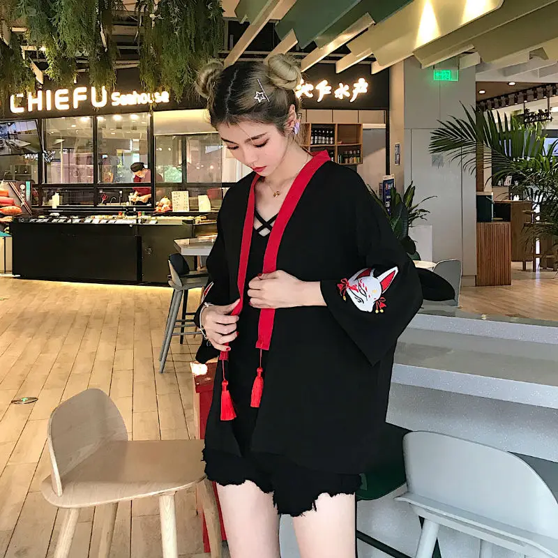NiceMix японское кимоно для женщин Harajuku Рубашки Вышивка лиса блузки свободные повседневные топы и блузки Blusa Mujer Roupas Feminina