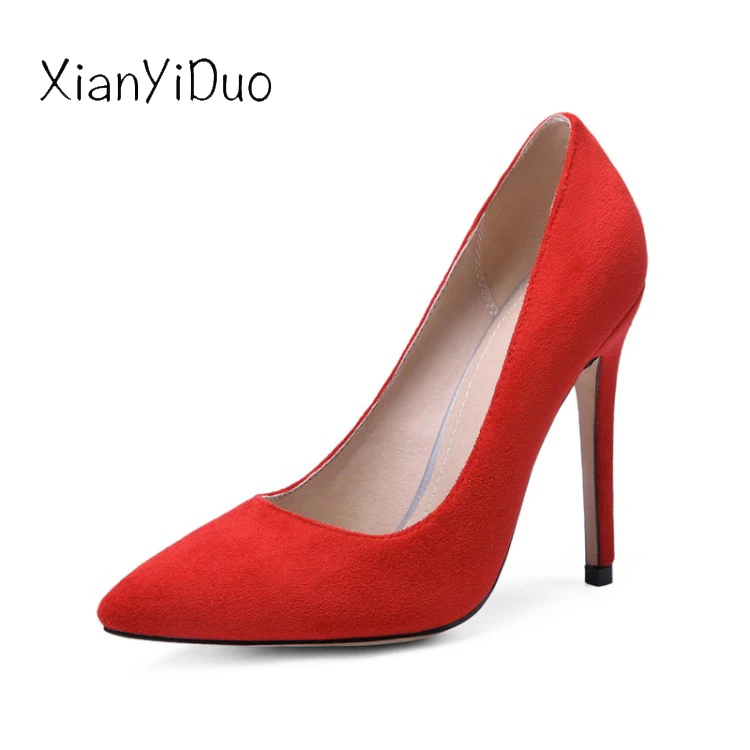 

2019 new Spring Women's Shoes flock super high heels Pumps Pointed Toe Sexy Shallow red wedding plus size large 34-43 Beige /8-1