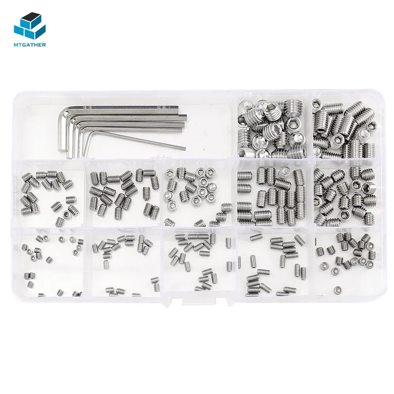 

MTGATHER 240Pcs Stainless Steel Allen Head Socket Hex Set Grub Screw Nuts Assortment Kit Cup Point With 5 Wrench Box