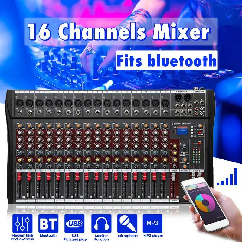 

LEORY Portable 16 Channel Audio Mixer with USB DJ Sound Mixing Console bluetooth Karaoke Amplifier For Karaoke KTV Match Party