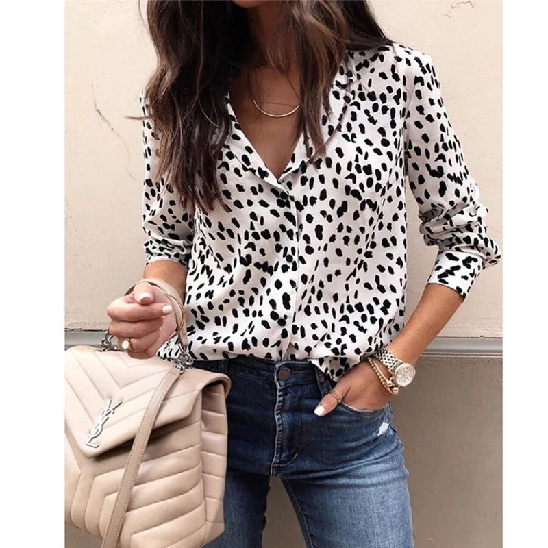 

New Spring Autumn Women's Leopard Print Flecked Long-Sleeved V-Neck Casual Shirt Top Professional Commuter Shirt
