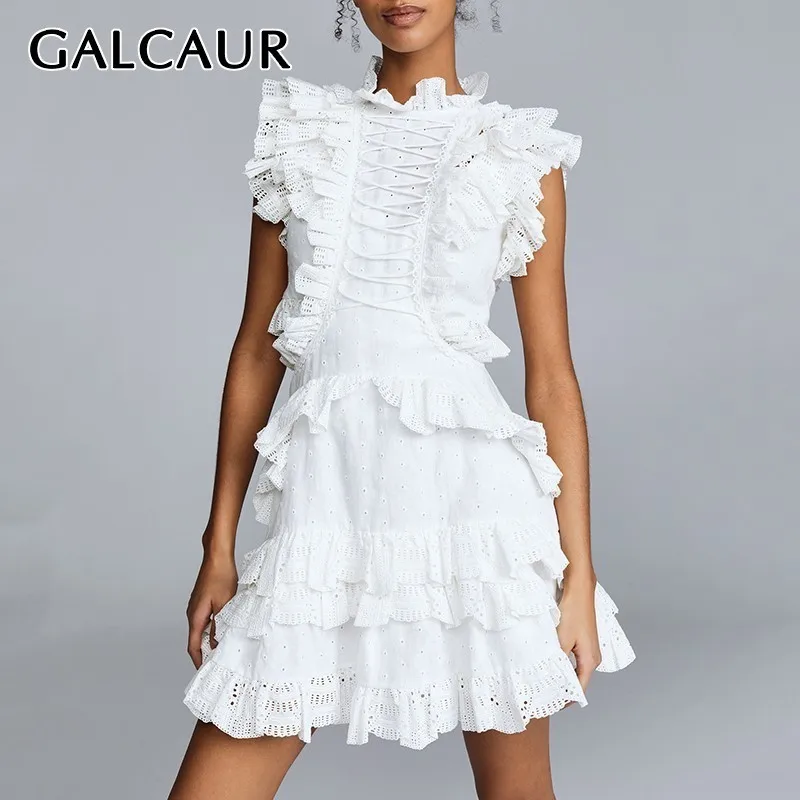 

GALCAUR Sleeveless Ruffles Dress For Women Off Shoulder Stand High Waist Hollow Out Mini Dresses Female Summer 2019 Fashion