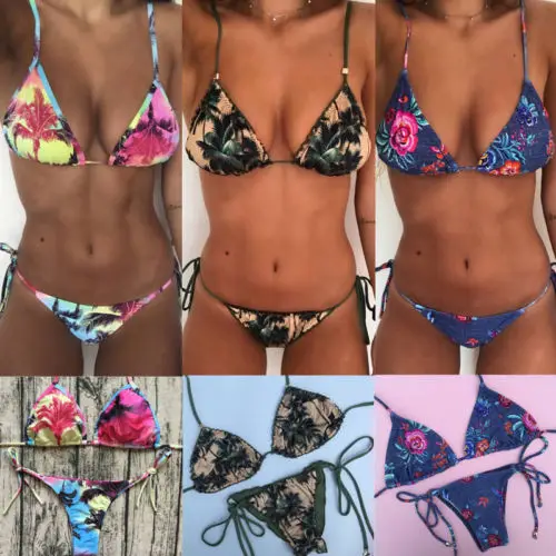 

Newest Women Bikini Set floral print Swimsuit Push-up Padded Bra Beachwear bandage halter bathing suit low waist swimwear 2018