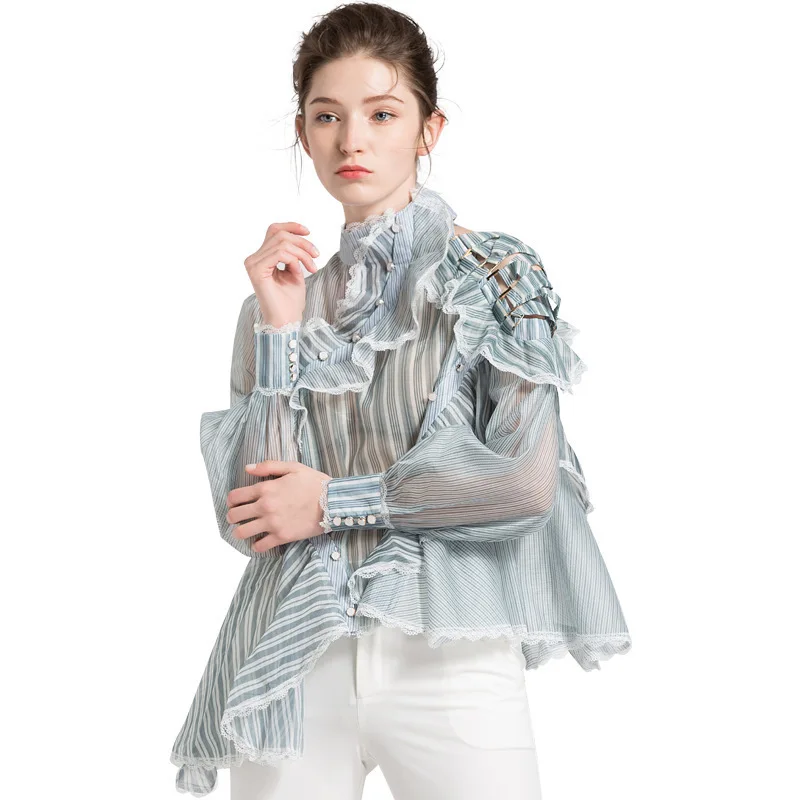 

#2726 Ladies OL Clothing England Style Sexy Top Irregular See Through Striped Runway Blouse Women Hollow Out Asymmetrical Tops
