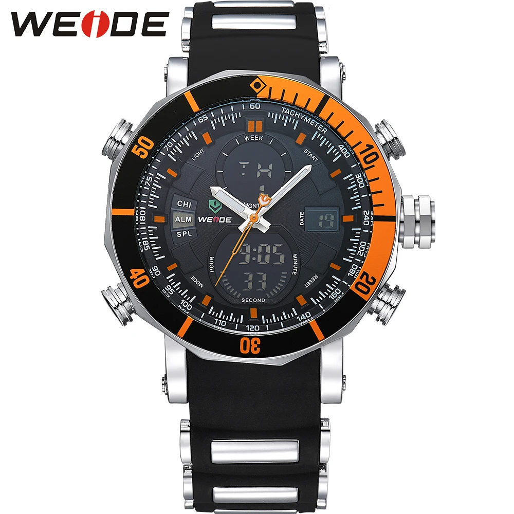 

WEIDE Brand Sport Watch Stop Watch Auto Date 30M Water Resistant Quartz Round Big Dial Fashion Casual Orange Color Men Watches