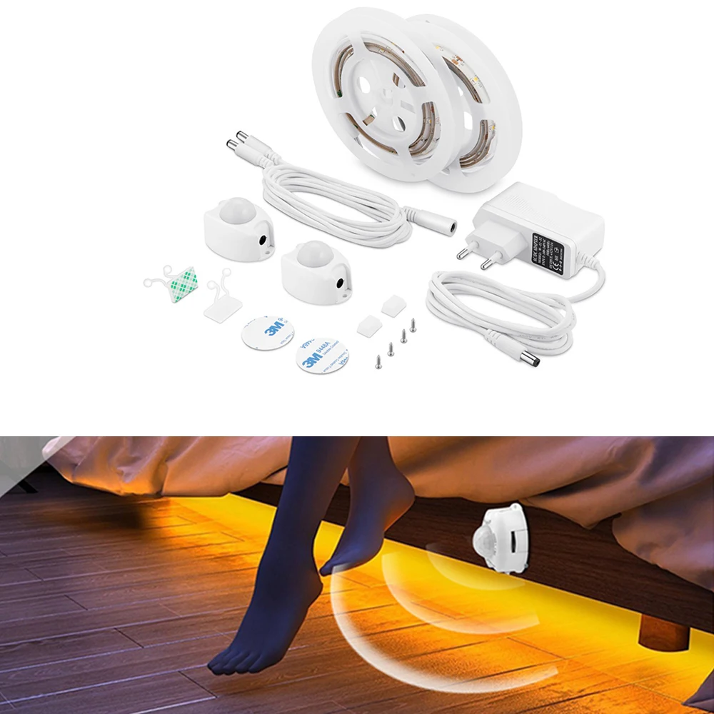 

5V 12V LED Strip Light PIR Motion Sensor & Light Control Detector US EU Power Adapter Diode Tape tira led for Bed Kitchen