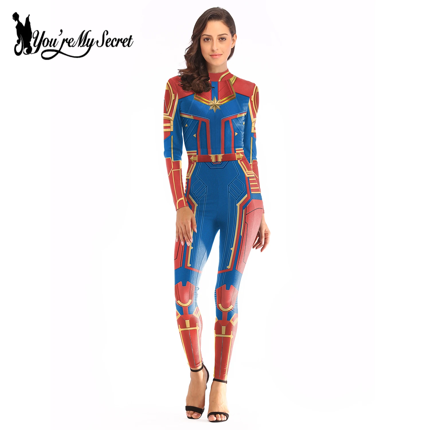 

[You're My Secret] 2019 New Cosplay Bodysuit Movie Avengers Captain Costume Tight Classic Jumpsuit Long Sleeve Women Clothes