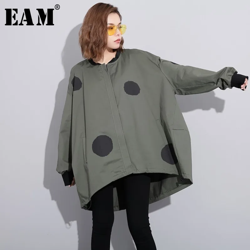 

[EAM] 2019 New Spring Stand Collar Long Sleeve Dot Printed Irregular Solid Color Large Size Jacket Women Coat Fashion Tide JC952