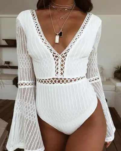 العصرية ملابس حريمي السيدات طويل كم ضمادة الخامس الرقبة ارتداءها عارية الذراعين الهندسة يوتار بذلة قطعة واحدة