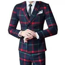 Красный шахматный костюм для мужчин(пиджак+ жилет+ брюки), новинка, мужские костюмы для свадебной вечеринки, костюм Mariage Homme, мужской Клетчатый британский стиль