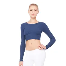 Фитнес-Спорт футболки для женщин Йога короткий топ Трикотажная футболка с длинным рукавом рубашки для спортзала сплошной цвет кроп Топы