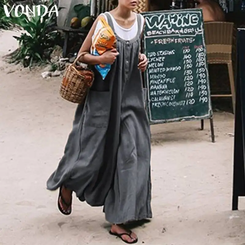 VONDA Rompers Women Jumpsuits 2020 Summer Sexy Wide Leg Pants Casual Loose O Neck Pockets Sleeveless Plus Size Playsuit Overall VONDA Rompers Women Jumpsuits 2020 Summer Sexy Wide Leg Pants Casual Loose O Neck Pockets Sleeveless Plus Size Playsuit Overall