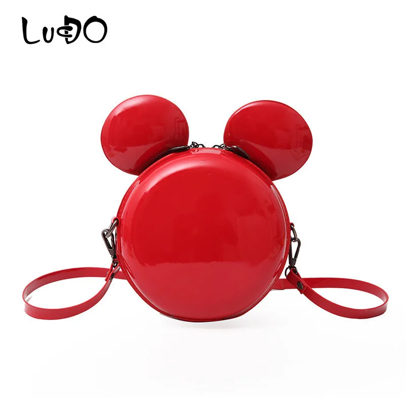 

LUCDO New Fashion Cartoon Mouse Women Bag Small Cute Shoulder Bag High Quality PU Leather Shiny Mini Large Ear Round Bag Clutch