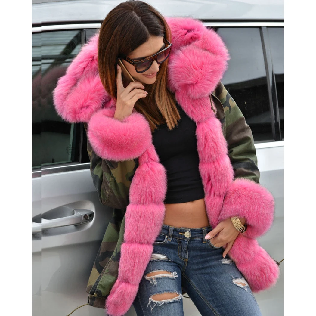 Épais Chaud Fourrure Pink D'hiver 2018 Manteau Fausse Parkas Col Automne Capuchon Parka Femmes Hot Outwear De Plus Camouflage En À La Pardessus Militaire Taille wUgZqcx7za