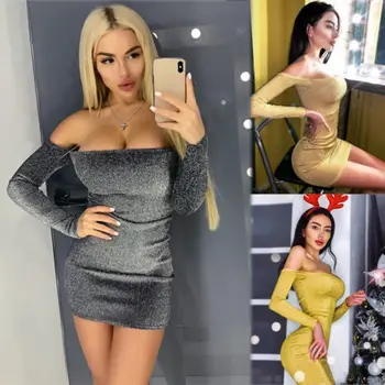 

Sequined Off Shoulder Sexy Club Party Slim Pencil Mini Dress New Fashion Female Vastido Women Elegant Ladies Long Sleeve Dress