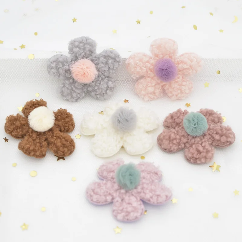 

6Pcs Teddy Plush Pads Applique Chiffon Ball Stick-on Flower Patch for Clothes Hat Leggings Sewing Accessories DIY Hair Clips G13