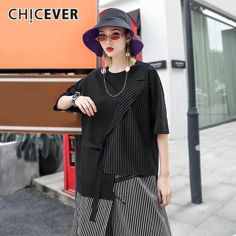 CHICEVER Spring Patchwork Striped Irregular Women T-shirt O Neck Three Quarter Sleeve Loose Plus Size Female Top Clothing New | Женская