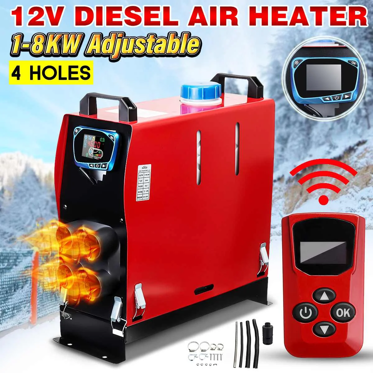 

All in One 1-8KW Adjustable 12V Air diesels Fuel Heater 4 Hole For Boats Bus Car Heater +Remote Control+LCD key Switch