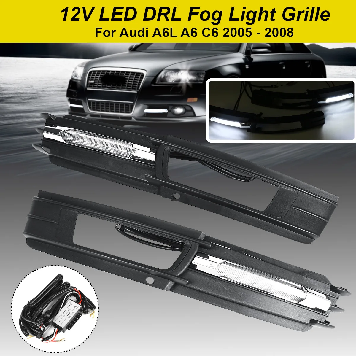 

2pcs 12V Car LED Fog Light Grille Cover DRL Lamp w/Controller For Audi A6L A6 C6 2005 2006 2007 2008