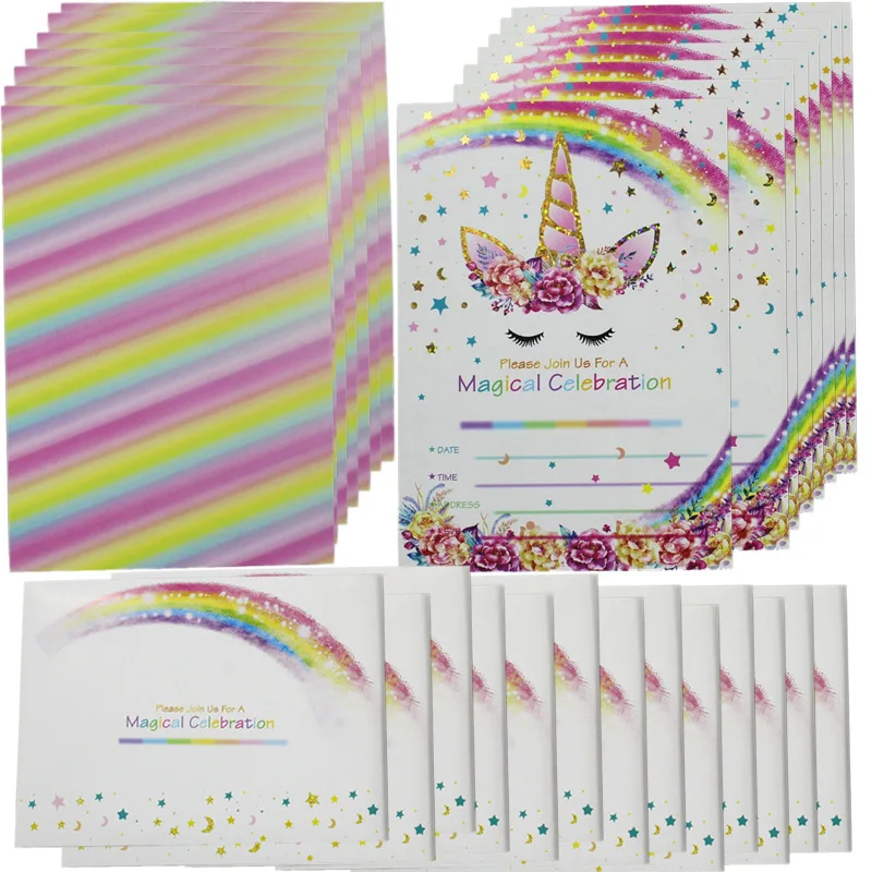  Hot Stamping Unicorn Design 12/20pcs cards Envelopes Invitation Card for kids Birthday Party Supply - 33004747197