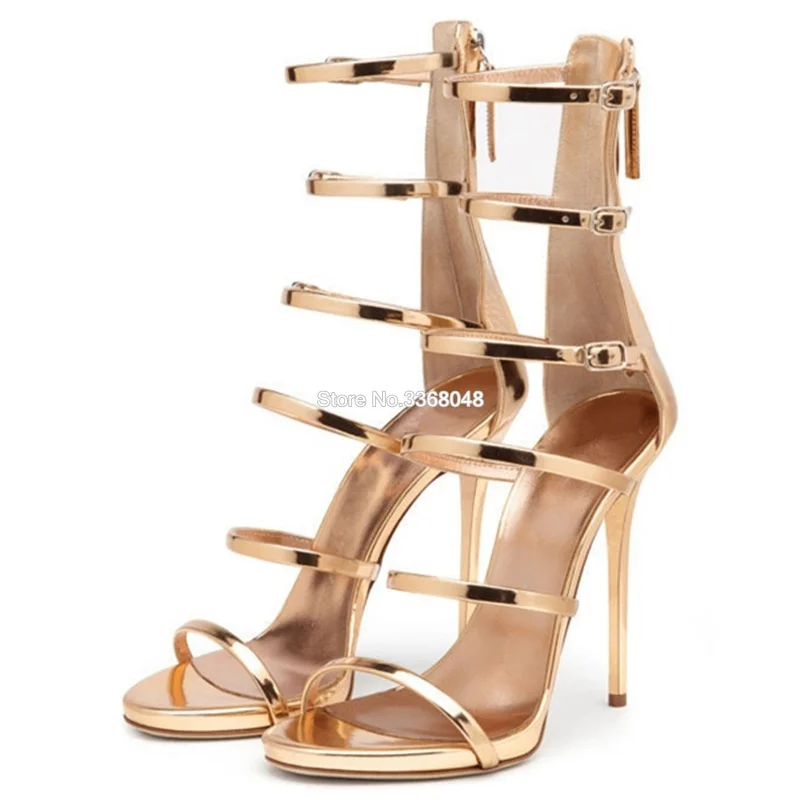 

Women New Fashion Gladiator Buckle Strap Sandals Back Zip Thin Heels Gold Shoes Cover Heel Open Toe Rome Style Sandals