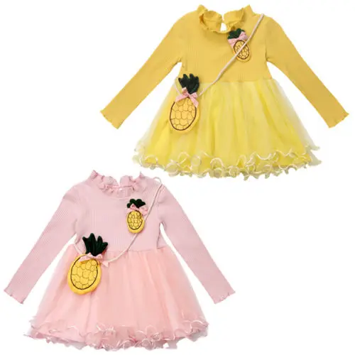 Newborn Baby Girls Princess Dress Kids Party Pageant Lace Yellow Pink Long Sleeve Tutu Pineapple Cute Dresses Girl Clothing