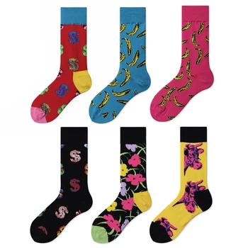 

New Casual Combed Cotton Men's Socks Tend Harajuku Street Hip Hop Funny Happy Socks Colorful Banana Pattern Long Socks For Men