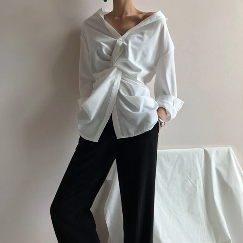 [EAM] новая осенне-зимняя белая Свободная рубашка с v-образным вырезом и длинным рукавом, женская блузка 1C069