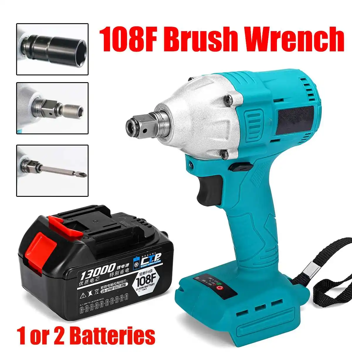 

108F Brushless/Cordless LED Light Electric Wrench Impact 1/2'' Sockets Hand Drill Power Tools Li-ion 13000mAh Battery With Bag