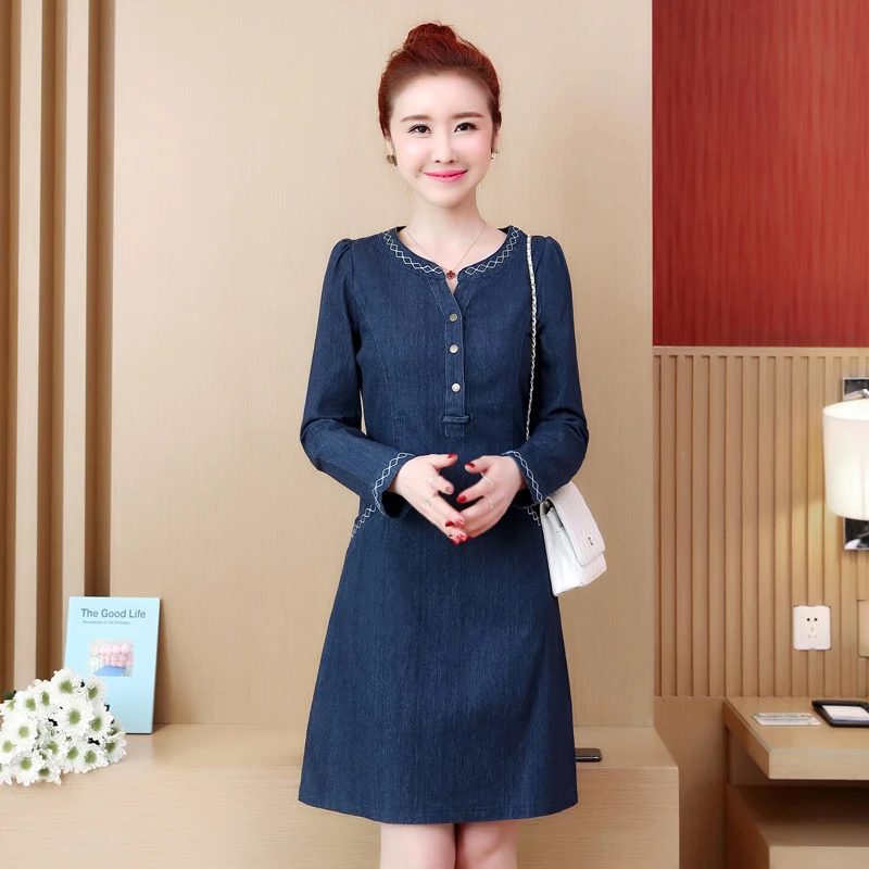 

Formal Dress Women Elegant Long Sleeve Denim Dresses Plus Size 5XL Casual Knee Length Spring Autumn A-linen Denim Dress 2019
