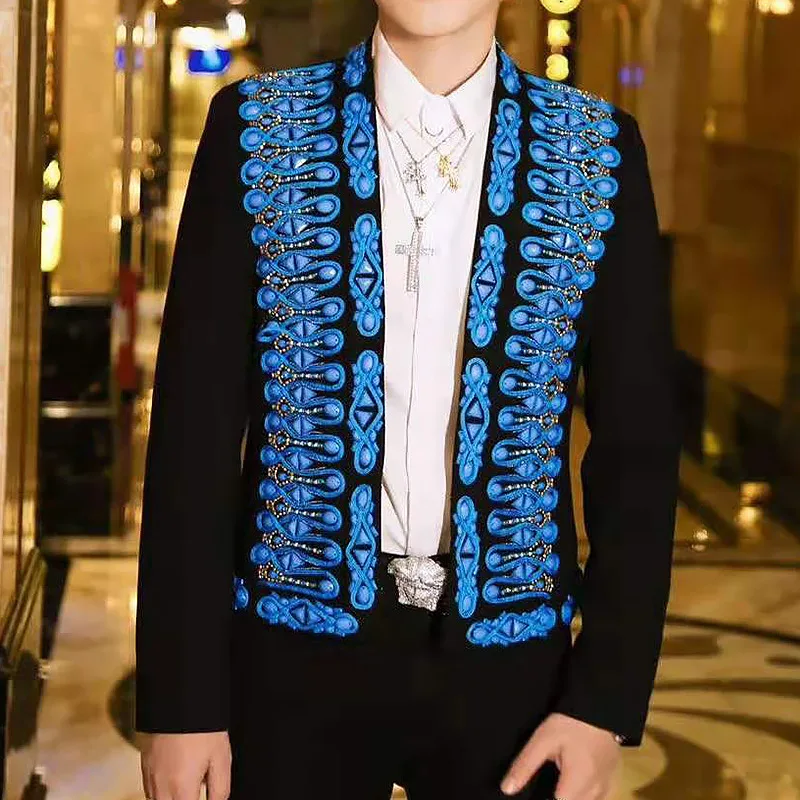 

New Tide Male Vocal Concert Stage Costume Bar Singer Casual Coat Handmade Costume Blue Crystals Beading Mens Jacket Court Dress