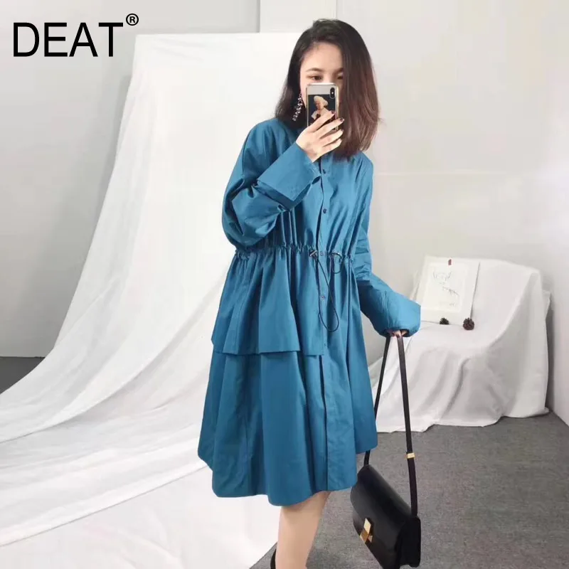 

DEAT 2019 new spring and summer women big size dress single breasted turn-down collar rope rolling waist adjust dress WE37101