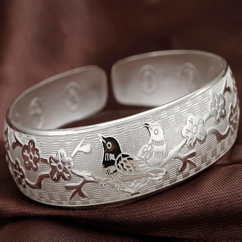 Antique Silver Bird Flower Carved Wide Bracelet Bangle Open Cuff