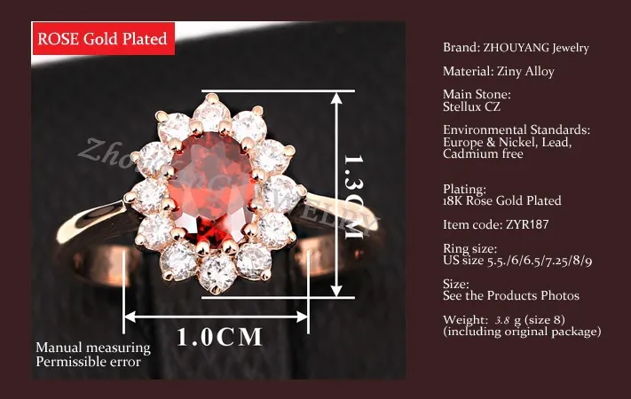ZHOUYANG, кольцо для женщин, Красный Кристалл, элегантное обручальное кольцо, розовое золото, австрийские кристаллы, модное ювелирное изделие ZYR187
