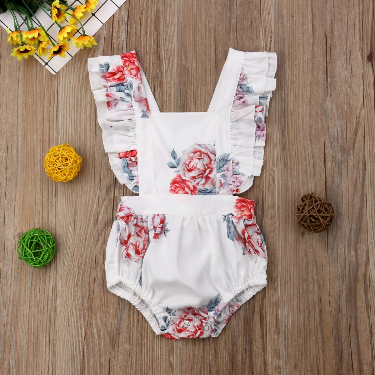 Летний костюм для новорожденных девочек комбинезон с оборками и цветочным рисунком, 1 предмет, комбинезон для детей от 0 до 24 месяцев