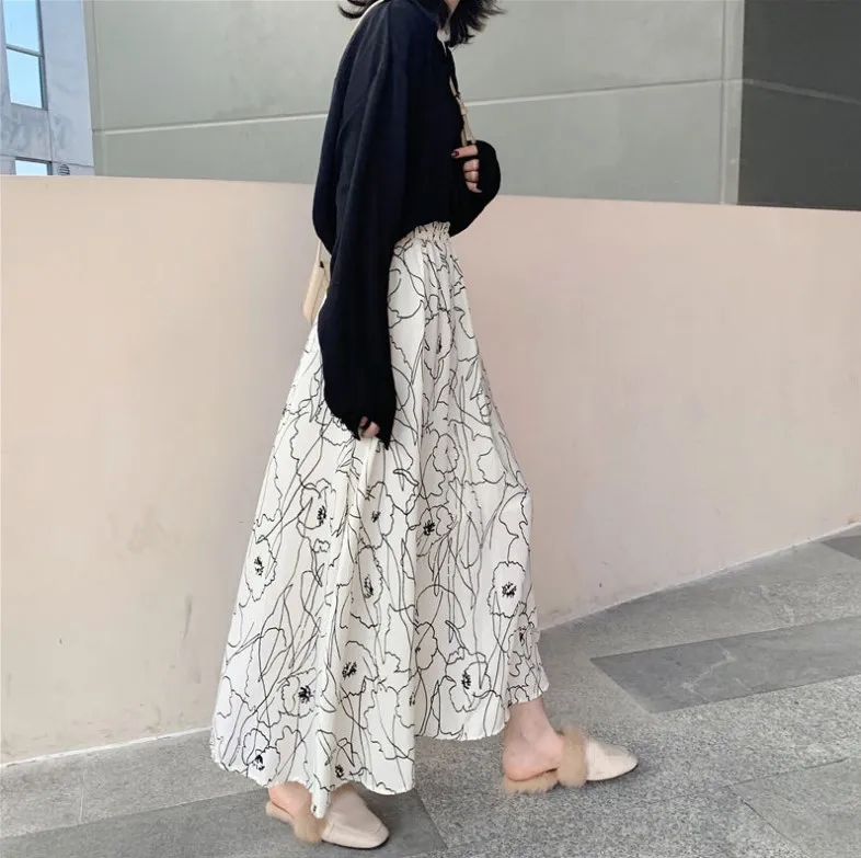 

Women Chiffon Floral Print Maxi Skirt Long A Line Skirt Empire Casual Skirt