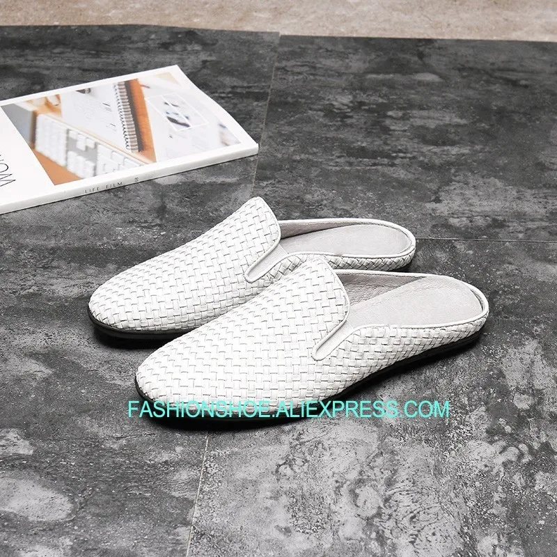 

Weave Slippers for men Flat White Black Cover toe Fashion Hot Driving Loafers Dress Shoes