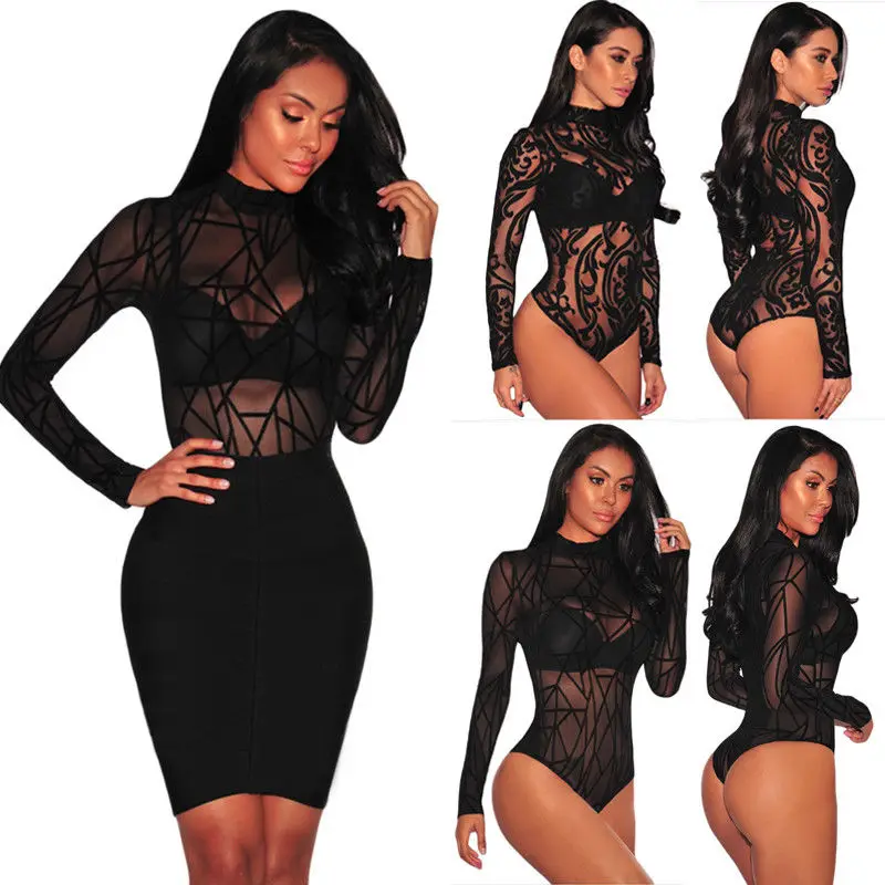 

Women Sexy Slim Bodysuit Fashion Floral Ladies Long Sleeve Seethrough Skinny Leotard Bodysuit Turtleneck Tops Women Trendy Cloth