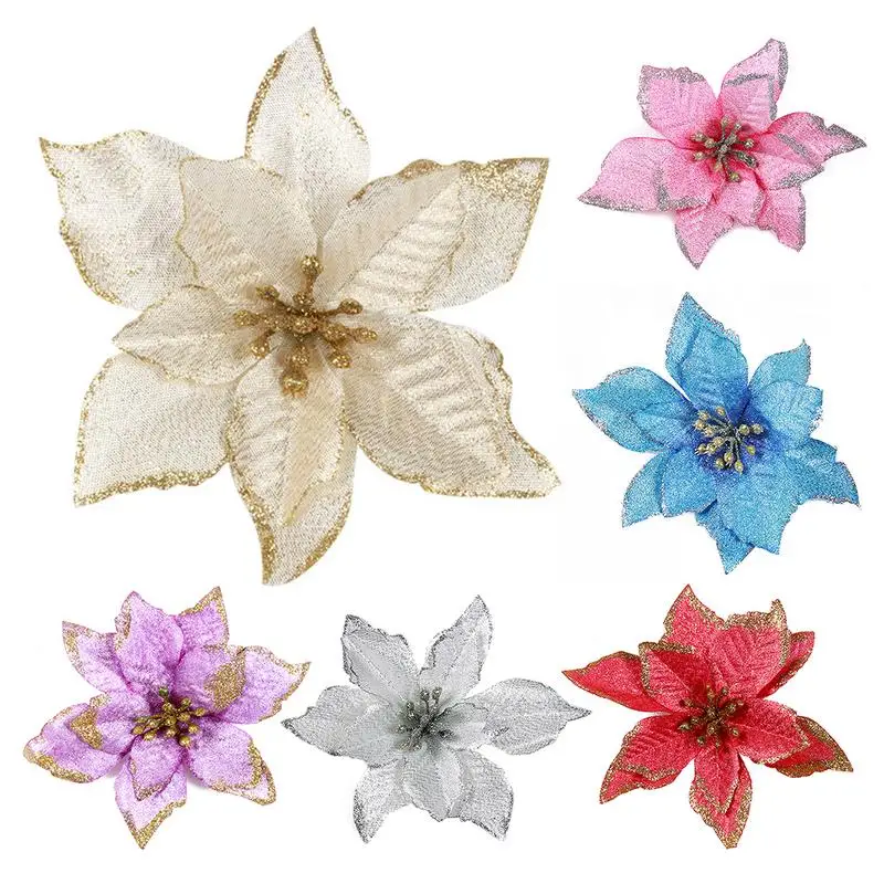 

15CM Golden Edge Simulation Christmas Flower For Wedding Party Xmas New Year Garland Decoration Multicolor Plastic Sticky Flower