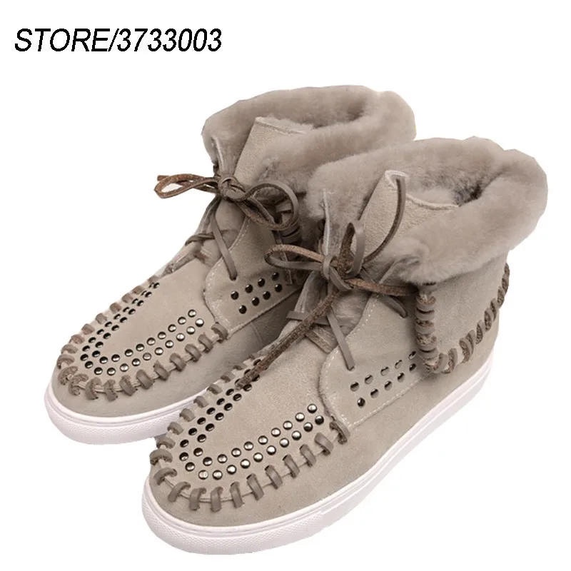 

2019 Wool Fur Snow Boots Woman Round Toe Rivet Lace-up Height Increase Ankle Boots Winter For Women