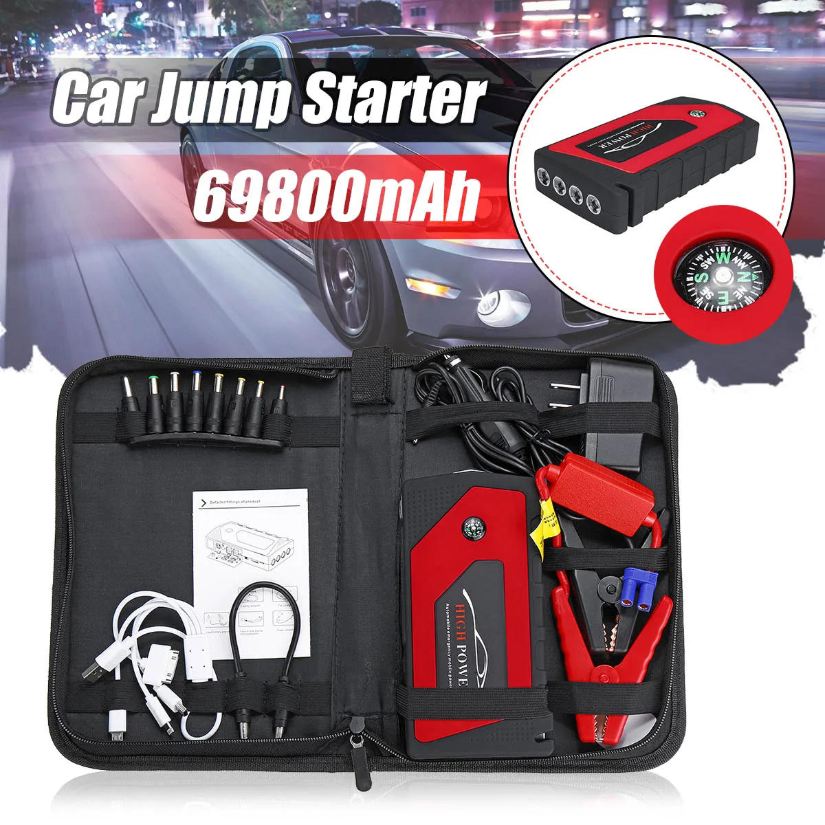KROAK 69800mAh 12V Car Jump Starter Emergency Starting Device 4USB LED Light Mobile Power Bank Car Charger Battery Booster
