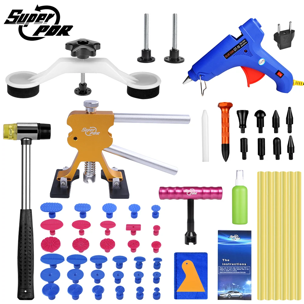 

Super PDR Auto Dent Pullers Suction Cup Professional Paintless Dent Repair Tool Kit Dent Pulling Bridge Lifter Hot Melt Glue Gun