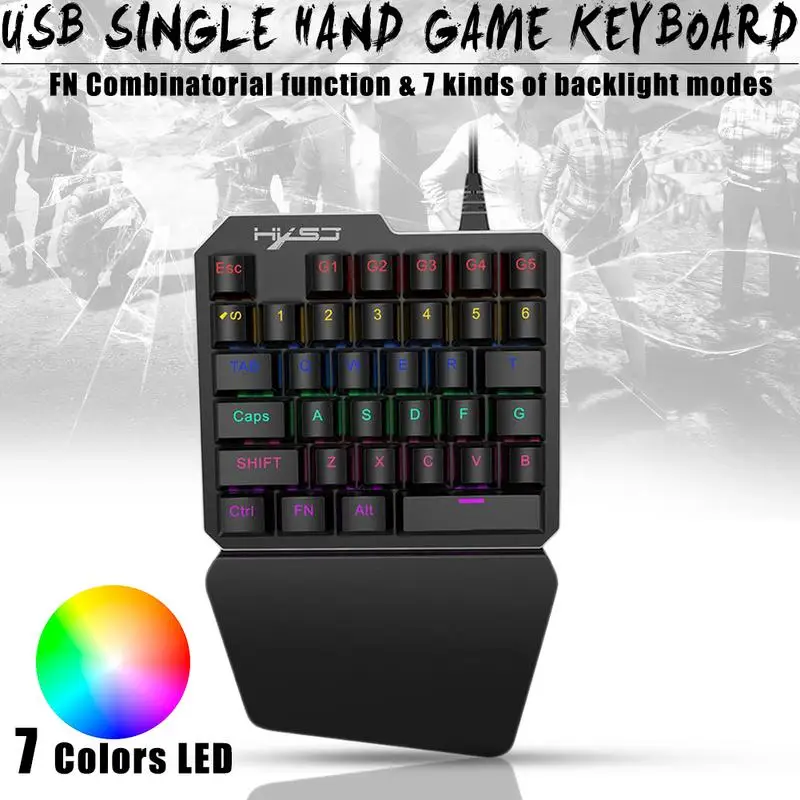 

7 Colors LED 35 Keys Backlight Single Hand Professional Gaming Keyboard USB Wired Anti-Ghosting Keyboard For Game PUBG LOL