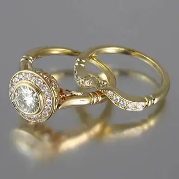 

Huitan Luxury 2PC Wedding Ring For Women Brilliant CZ Prong Setting Engagement Ring Fashion Jewelry Wholesale Bridal Set