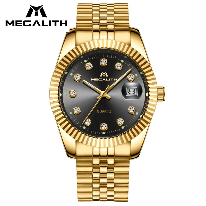 

MEGALITH Luxury Gold Watches Men Waterproof Date Quartz Wristwatch Gents Stainless Steel Business Casual Men Watch