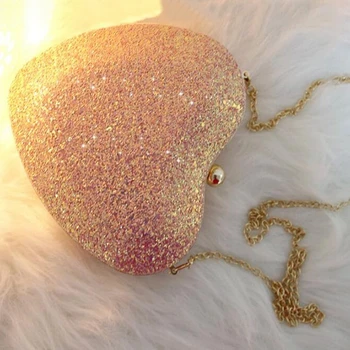 

Bling Heart Shaped Messenger Pu Leather Women C Bag Girl Bling Tote Crossbody Fashion Mini Bag With Gold Chain(Pink)