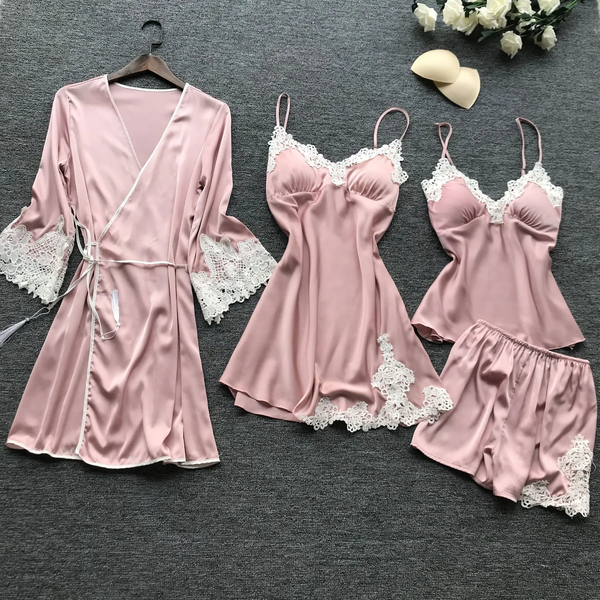 

Lisacmvpnel 4 Pcs With Chest Pad Spaghetti Strap Women Pajamas Embroidery Stain Sexy Pijama High Quality Fashion Sleepwear