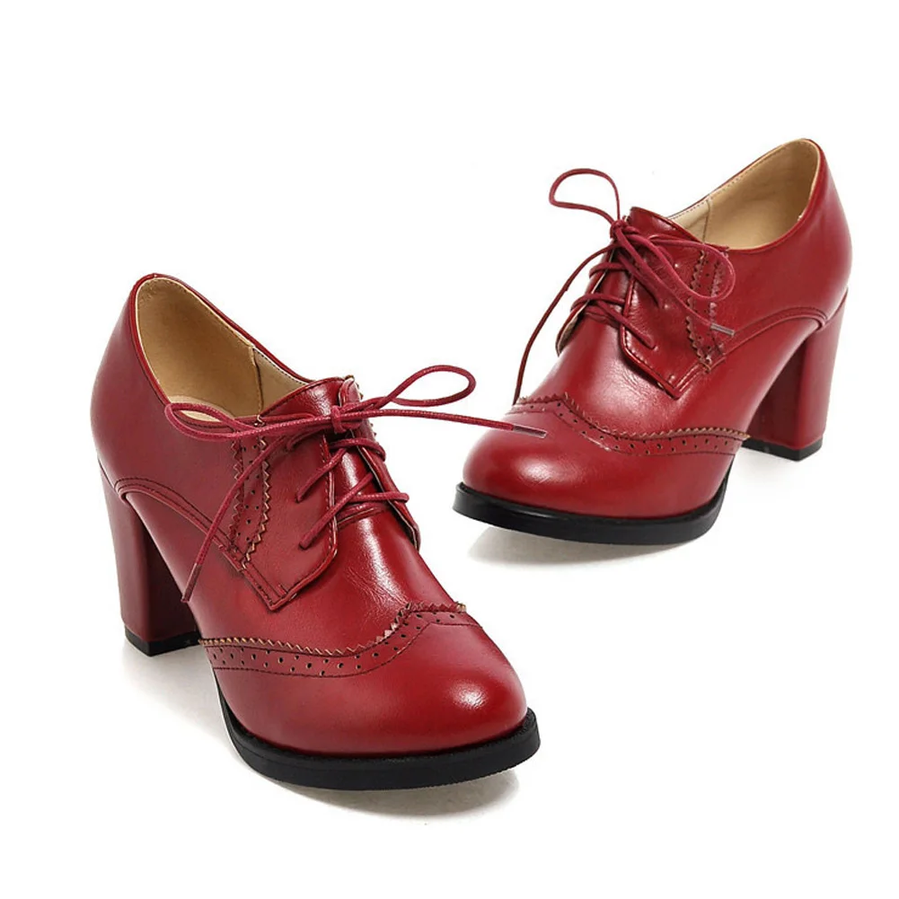 

Black Brown high Heels shoes women Oxford shoes Spring 2018 comfort Office lady Thick heels mature Pointed toe Lace-up Pumps