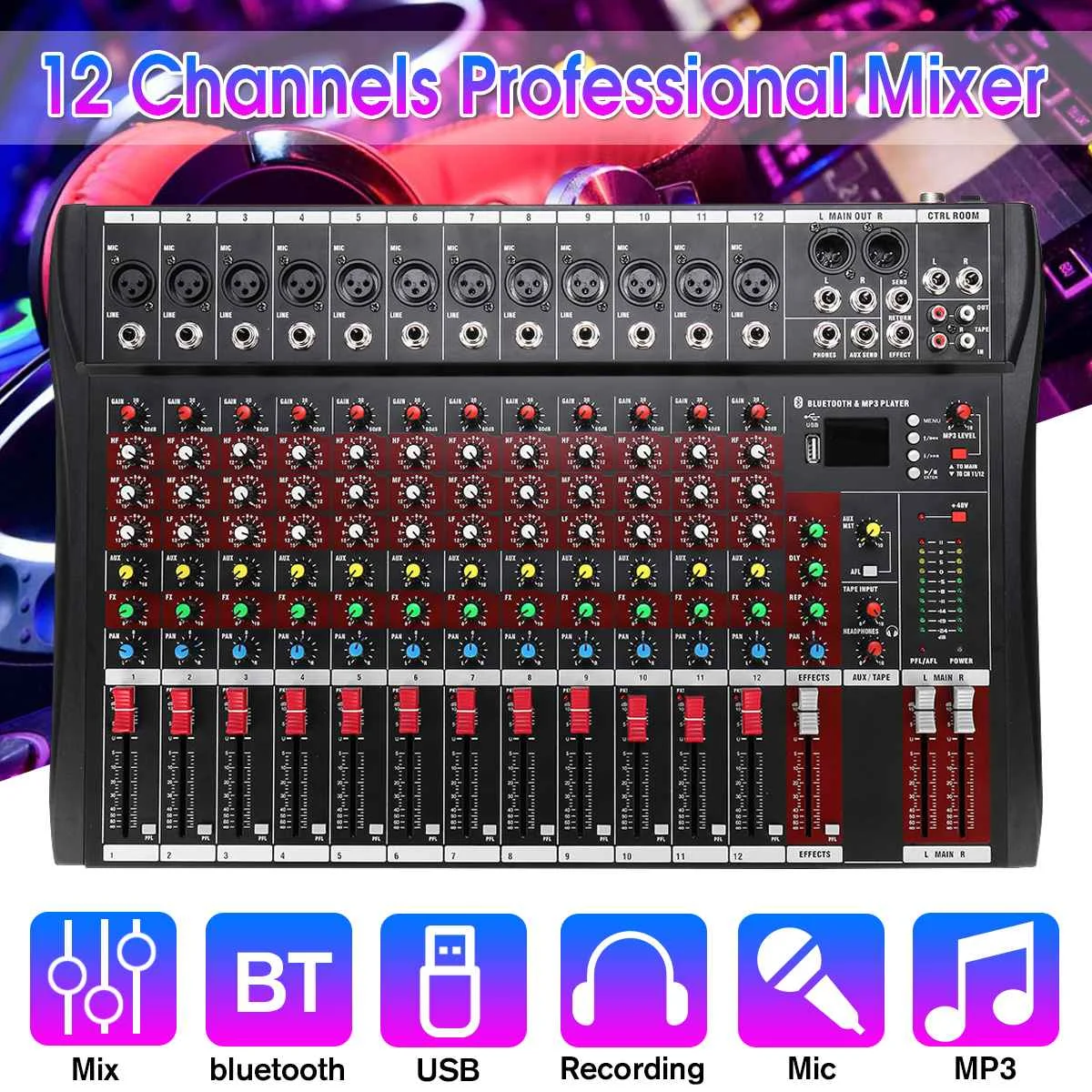 

Karaoke Audio Mixer 12 Channel with USB bluetooth Professional Studio DJ Mixing Console Amplifier for KTV Digital Mixer 48V