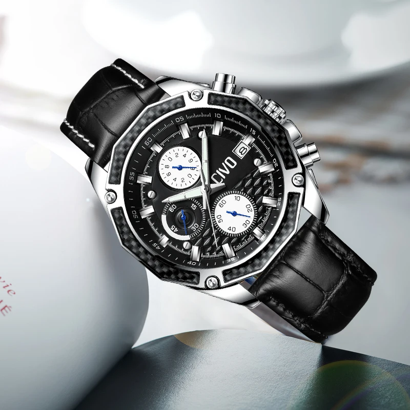 

CIVO Fashion Watch Men Black Genuine Leather Army Sports Casual Watch Waterproof Chronograph Analogue Quartz Wrist Watch Clock